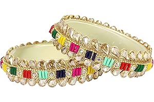 NMII Glass Golden Zircon Stone & Kundan Beads Kada Set For Women & Girls | Fancy Design Kada Bangles | Traditional Look Kangan | Glass Bangles For Women Wedding, Party, Function, Daily use- Set of 2